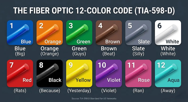 Fiber Optic Color Mnemonic Cheat Sheet TIA-598-D Fiber Optic 12-Color Code Chart showing the sequence from Blue to Aqua with a mnemonic for technicians.