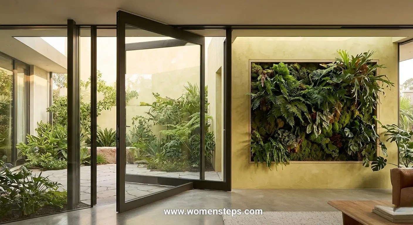 Indoor-Outdoor Living Wall A large glass pivot door opening to a patio, featuring an indoor living wall and floor-to-ceiling windows.