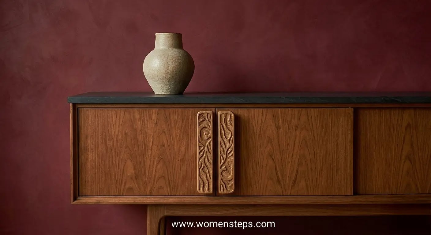 Artisanal Crafted Home Details Close-up of a high-quality wood cabinet with hand-carved floral hardware patterns against a moody textured wall.