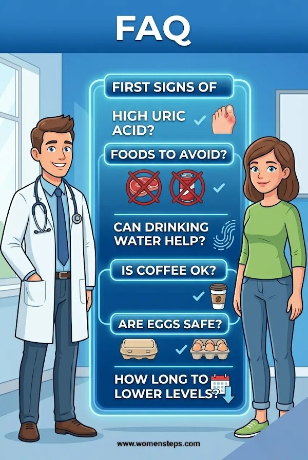 Uric Acid FAQs FAQ graphic covering common gout and diet questions
