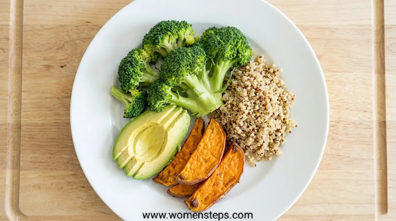 Anti-Inflammatory Gut Health Meal Plan Anti-inflammatory meal composition featuring cruciferous vegetables, sweet potatoes, and avocados