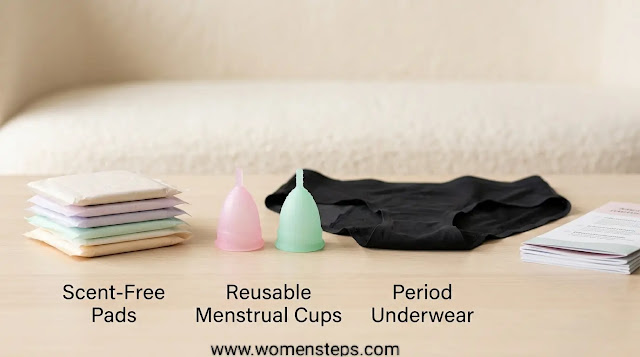 Comparing Modern Menstrual Products: Pads, Cups, and Period Underwear An infographic-style photograph comparing modern menstrual products popular in the US, including scent-free organic pads, reusable silicone menstrual cups, and absorbent period underwear.
