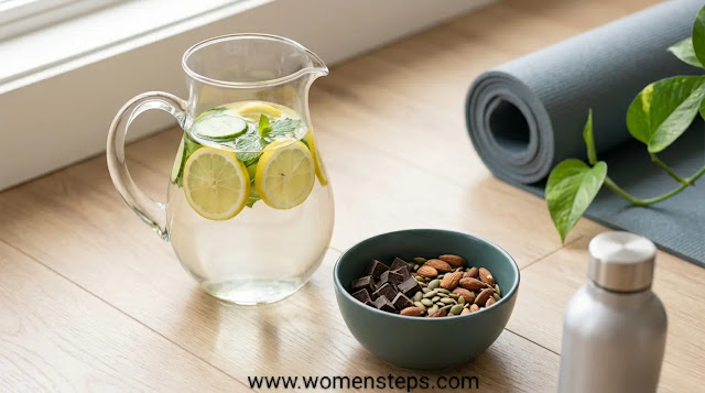 Healthy Snacks and Infused Water for Period Bloating A close-up of a hydration and nutrition station, featuring a fruit-infused water pitcher and a bowl of magnesium-rich dark chocolate and pumpkin seeds to reduce period bloating.