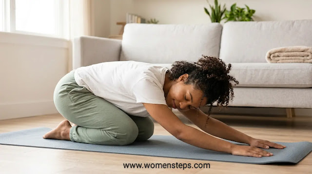 Gentle Yoga Stretches to Relieve Menstrual Pain A woman performing gentle Child's Pose yoga in a sunlit living room to relieve period cramps, wearing comfortable sage green joggers.