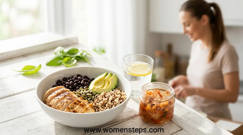 High-Protein and High-Fiber Meal for Fat Oxidation A healthy power bowl with chicken, avocado, and kimchi, demonstrating clean eating for fat loss in women.