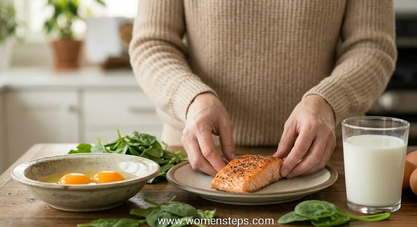 Natural dietary sources of Vitamin D3: Wild salmon, egg yolks, and fortified dairy. Nutritious foods high in Vitamin D3 including cooked salmon, whole eggs, and fortified products on a kitchen counter