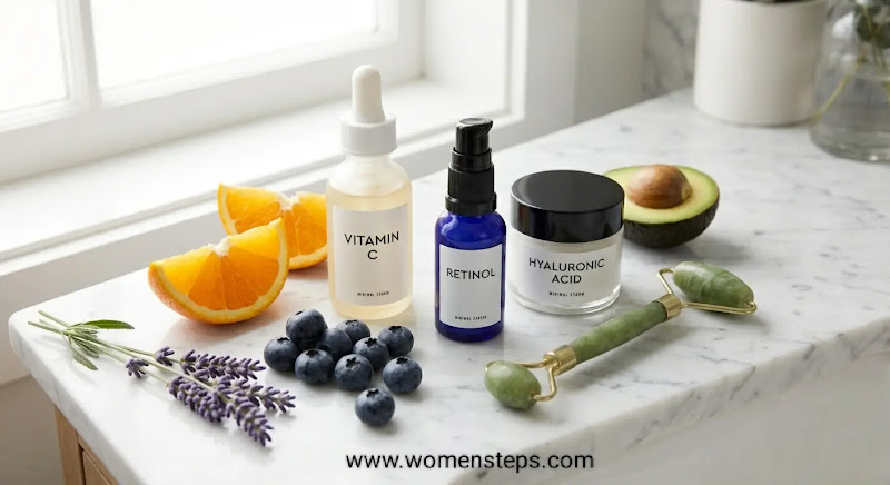Nutritional Skincare and Facial Massage Tools Natural skincare serums, vitamin C ingredients, and jade facial roller for skin hydration