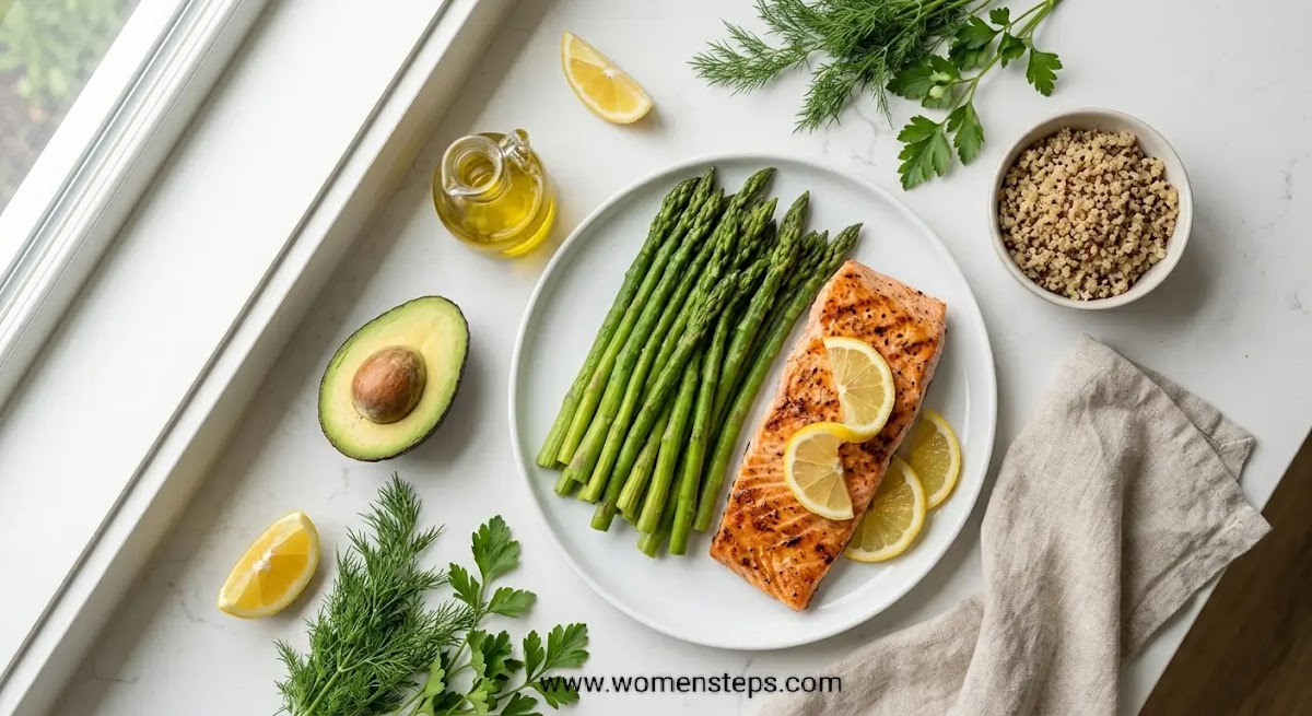 Balanced protein-rich meal for a sustainable healthy eating pattern Balanced meal with salmon quinoa vegetables and other nutrient-dense foods