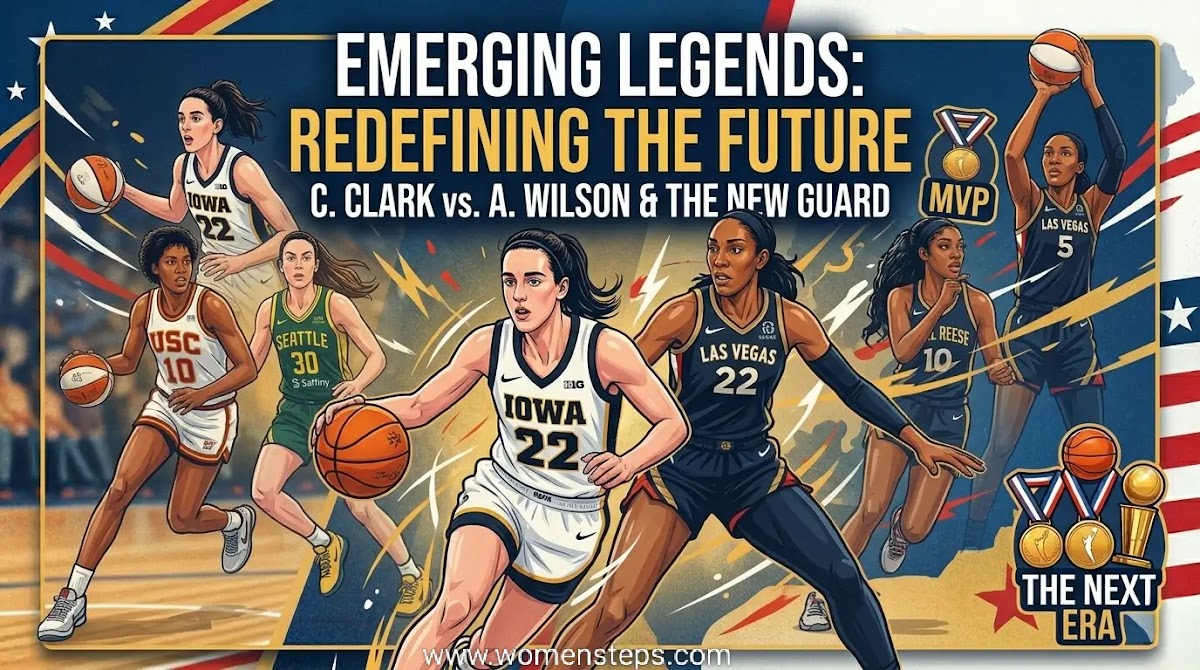 The New Guard: Caitlin Clark & A'ja Wilson Action illustration of Caitlin Clark and A'ja Wilson representing the new era of women's basketball.