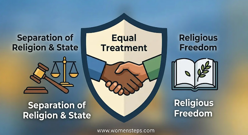 The Three Core Tenets of Secular Governance Infographic illustration of the three pillars of secularism: Separation of Religion and State (gavel), Equal Treatment (handshake), and Religious Freedom (open book).