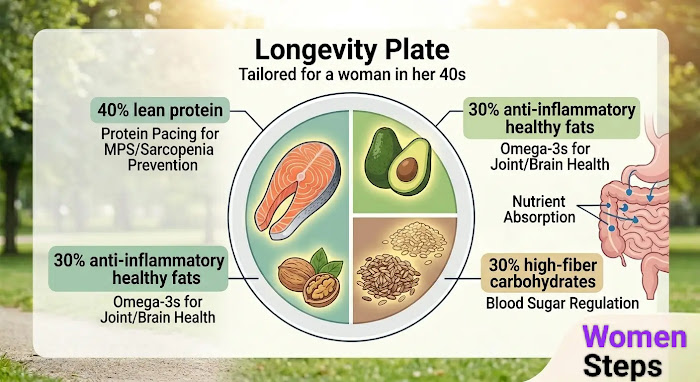 Infographic detailing high protein, omega-3, and micronutrient breakdown for women over 40