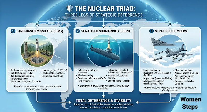 Diagram of the Nuclear Triad showing land-based silos, nuclear submarines, and bomber aircraft