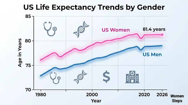 Comparison graphic showing U.S. female and male life expectancy