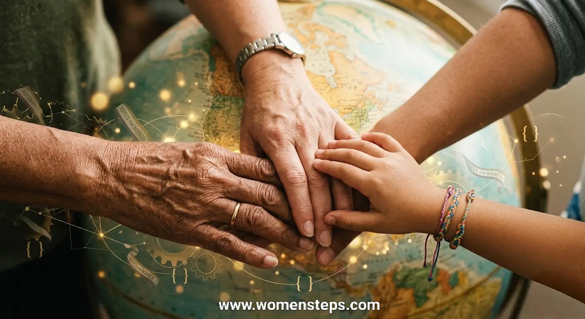 Generational Progress: Sustaining the Movement for Gender Justice Hands of women across diverse generations joined together symbolizing equality