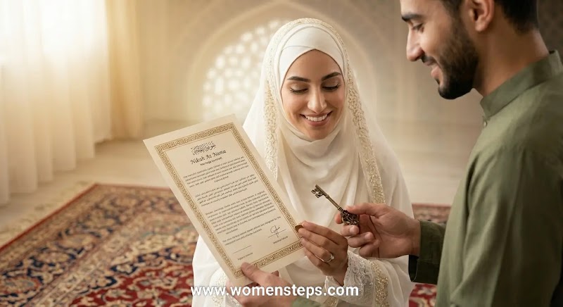 Legal Rights in the Islamic Marriage Contract Muslim bride with Nikah marriage contract representing legal autonomy