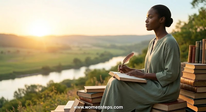 Education and Leadership Development Woman studying with books outdoors at dawn