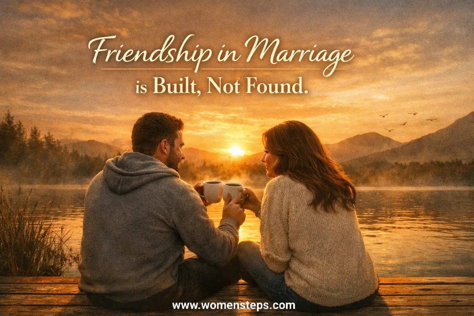 Friendship in Marriage Is Built, Not Found Couple sitting on a dock at sunrise, clinking coffee mugs, symbolizing peace, connection, and lasting friendship in marriage.