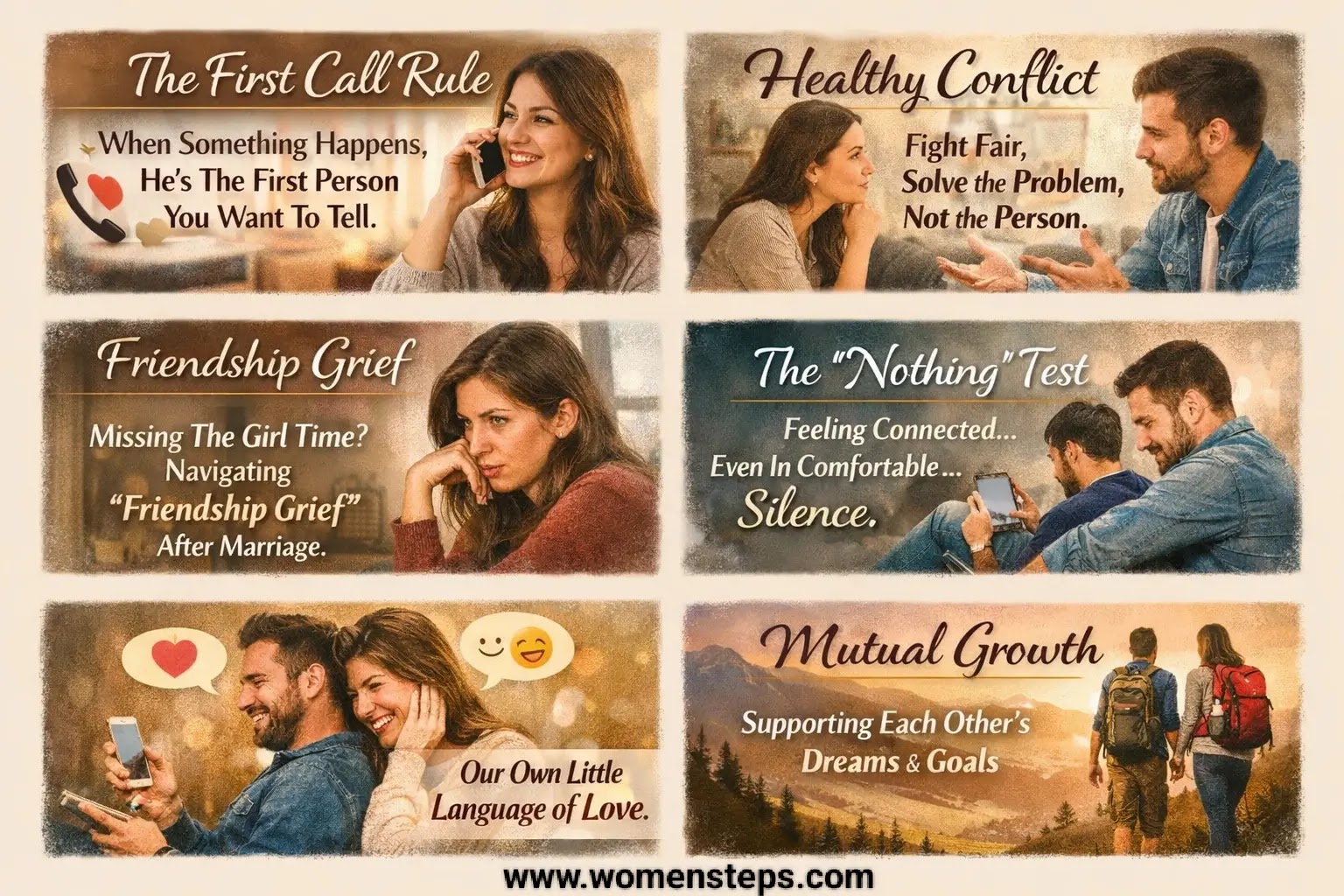 10 Psychological Green Flags That Show Your Husband Is Your Best Friend Six illustrated panels depicting healthy relationship habits like communication, mutual growth, and emotional safety.