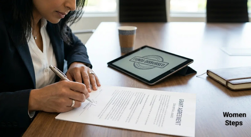 Female business owner reviewing an official grant or funding agreement on a digital tablet.