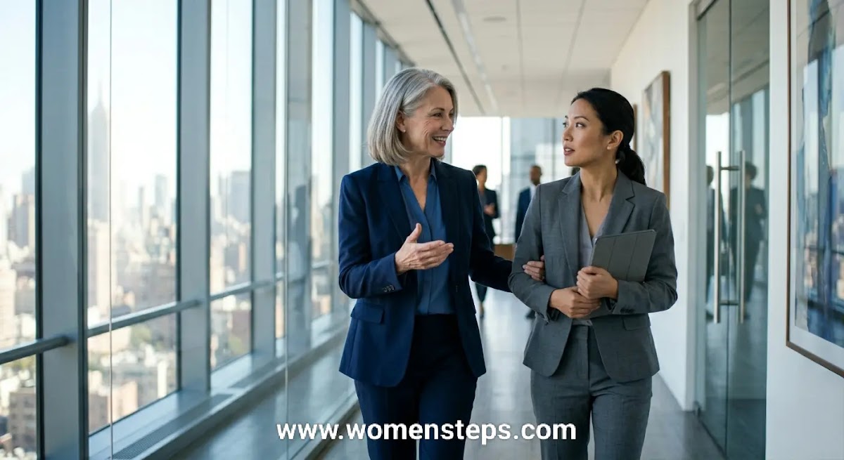 Leadership Pipeline: Mentorship and Sponsorship in Action Senior executive mentoring a junior female colleague in a modern high-rise office.