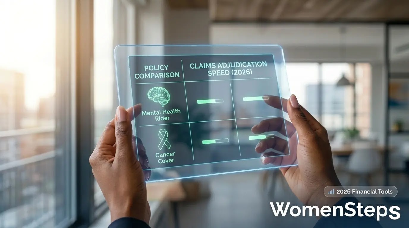 Evaluating 2026 Supplemental Health & Living Benefit Options Woman reviewing insurance options and financial policy details on a modern tablet