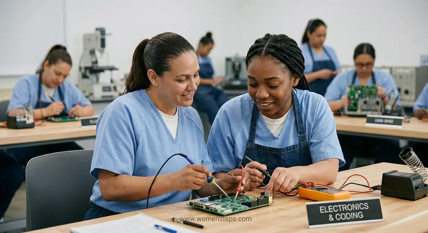 Vocational Technology and Job Skills Training for Incarcerated Women Two female inmates collaborating on a circuit board and soldering in a modern electronics and coding workshop at the California Institution for Women (CIW).