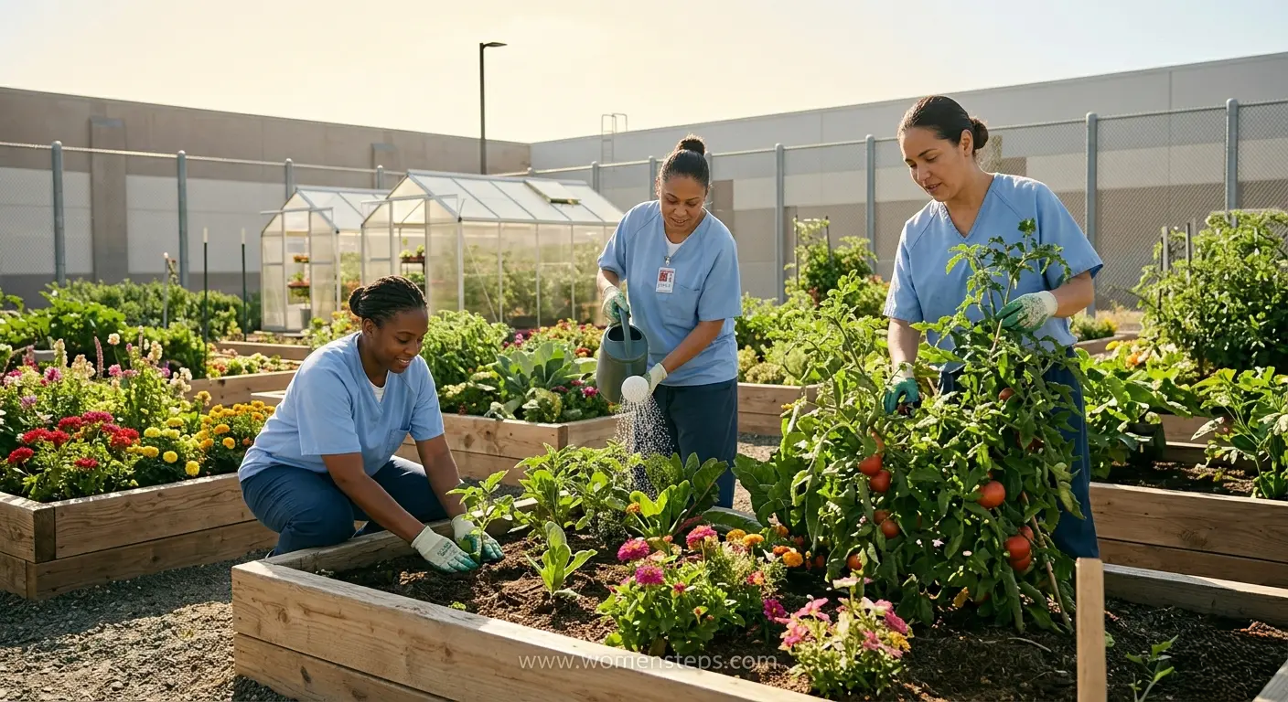Wellness and Community Gardening Projects in California Correctional Facilities Diverse women tending to raised vegetable garden beds and greenhouses in an outdoor community garden at Folsom Women’s Facility in California.