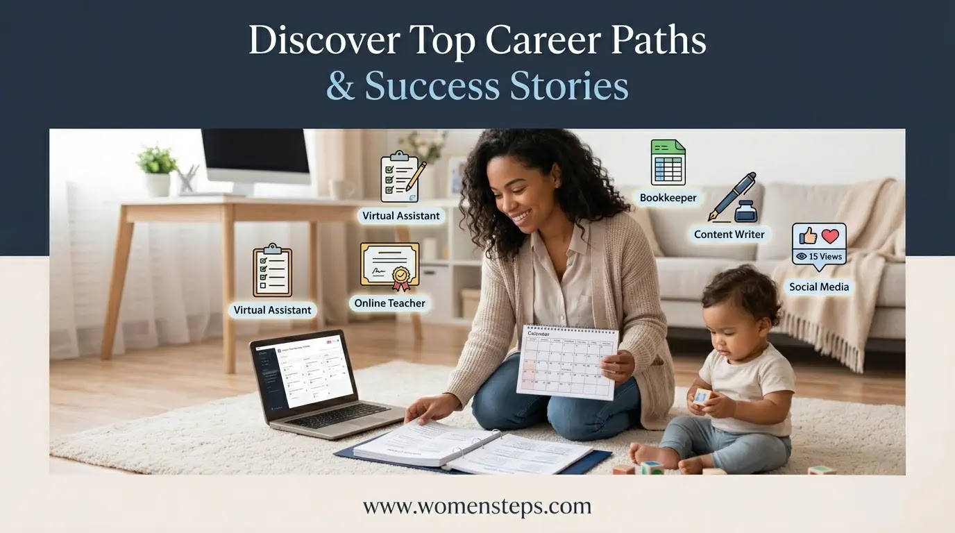 Discover High-Demand Remote Career Paths Infographic illustrating popular remote work roles including Virtual Assistant, Online Tutor, Bookkeeper, and Digital Content Creator.