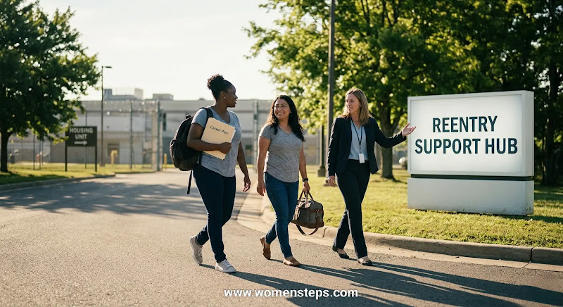 Women transitioning from correctional custody into community-based support programs. Women transitioning from a correctional facility toward a community reentry hub