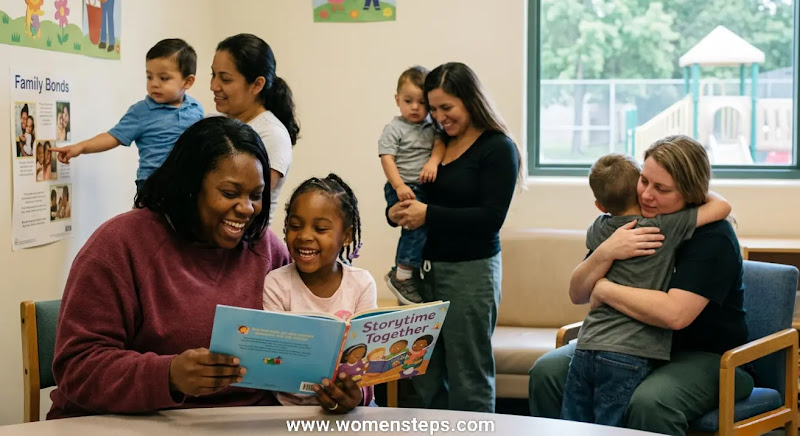Mothers participating in family bonding and reading programs in a US women's facility. Mother reading a book with her child in a prison family visitation room