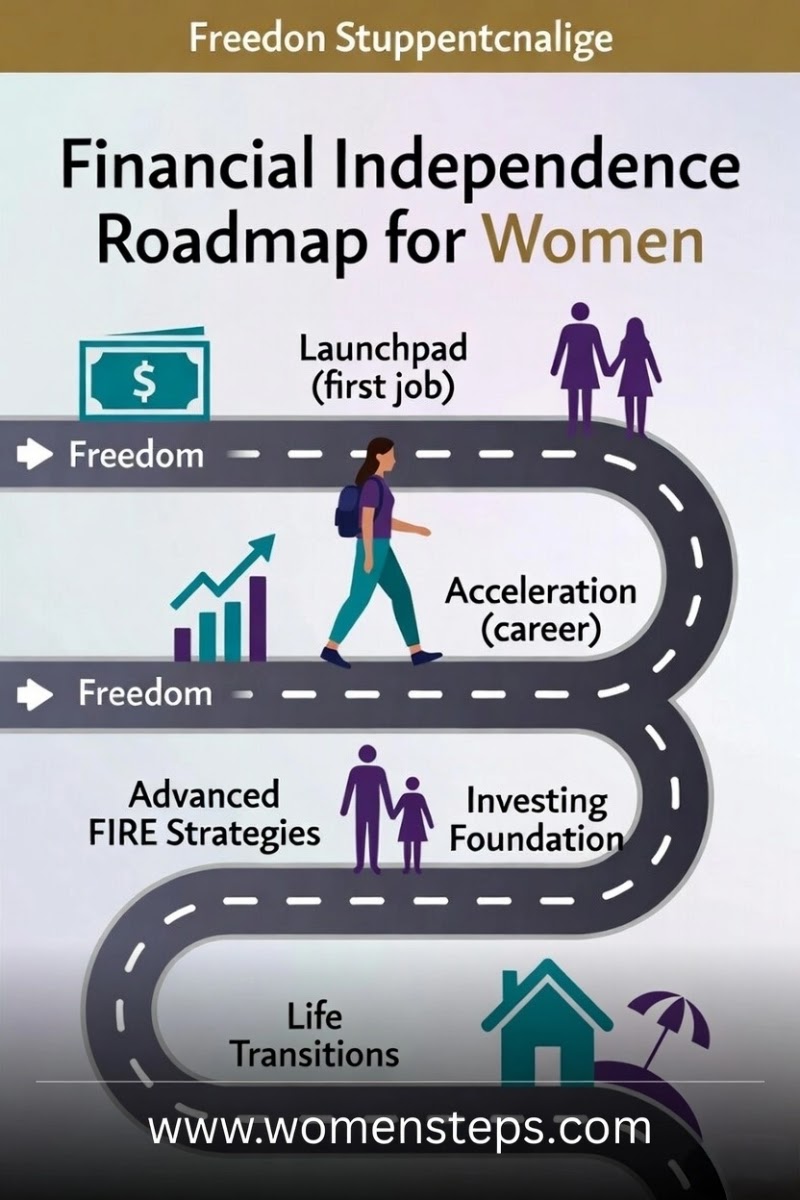 Financial Independence Roadmap for Women showing six phases from first job to early retirement