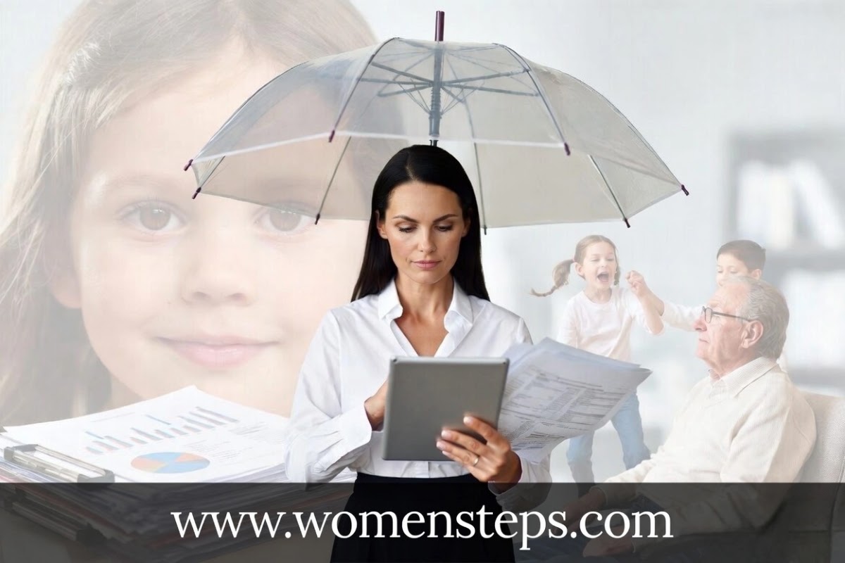 Professional woman managing family, children, and elderly care while protecting her finances