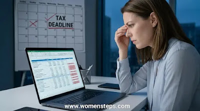 A stressed businesswoman at her desk looking at a complex tax deadline calendar and financial spreadsheets on her laptop.