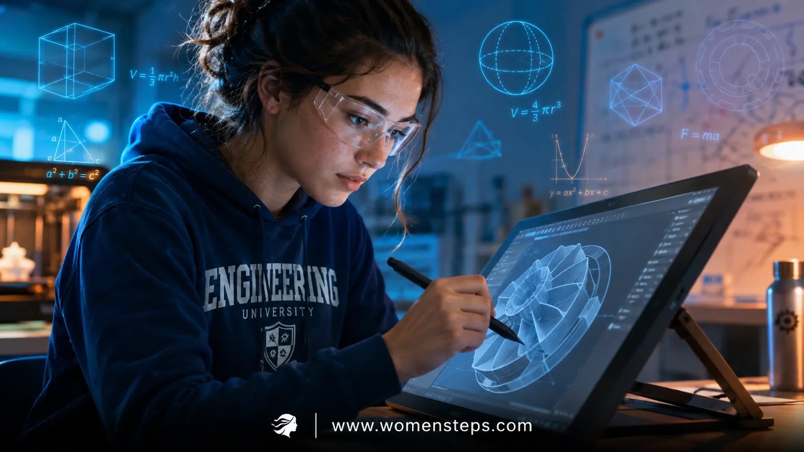 Female engineering student using a digital tablet for 3D CAD modeling in a university lab setting.