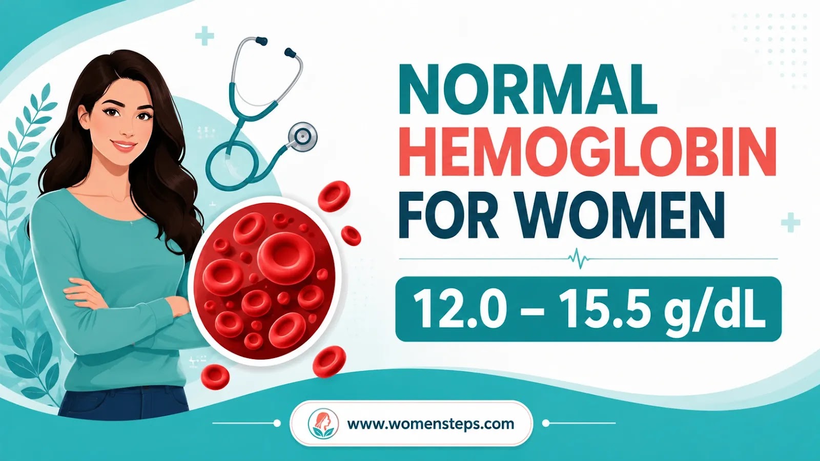 Normal Hemoglobin Levels for Women Reference Guide Infographic showing normal hemoglobin levels for adult women.