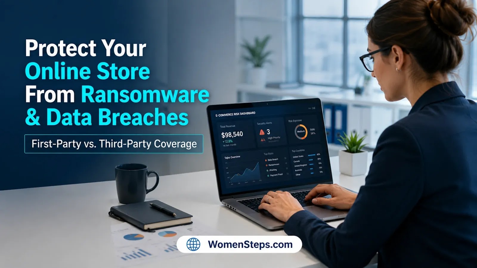 E-commerce business owner reviewing risk management metrics and security breach analytics on a laptop screen in a modern office setting.